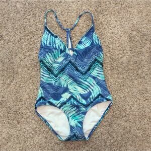 Express blue and green tropical print one piece swim suit